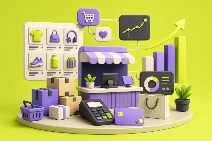 Merchant storefront, packages, payments, and growth illustration